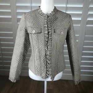 Peck & Peck Weekend Silk Quilted Jacket Small Taupe Tan Ruffle Trim Lightweight